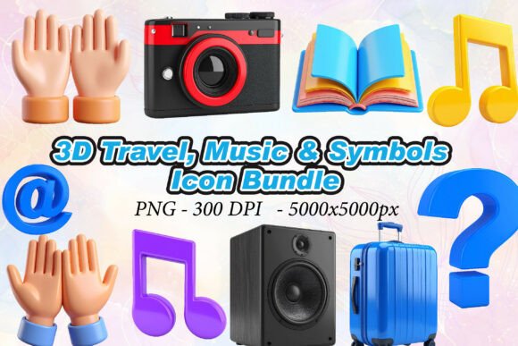 3D Travel, Music Symbols Icons: Elevating Digital Design with High-Resolution Visuals