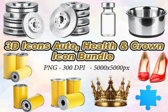 Elevate Your Design Projects with 3D Icons Auto, Health Crown